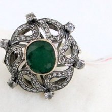 Victorian Diamond Emerald Gold Silver Ring