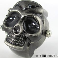 Vintage Black Skull Cover Elastic Stretch Metal Finger Ring Quartz Watch