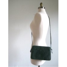 Vintage Hunter Green Leather Cross Body Tribal Embossed Print