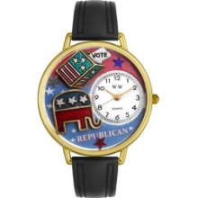 Whimsical Watches Mid-Size Japanese Quartz Republican Black Leather Strap Watch