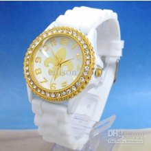 White Gold Silicone Geneva Watch Gel Rubber Band Fleur-de-lis Dial C