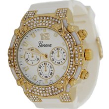 White Hard Rubber And Gold With Crystals Men's Or Women's Geneva Watch