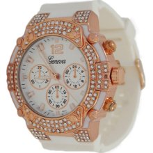 White Hard Rubber And Rosegold With Crystals Men's Or Women's Geneva Watch