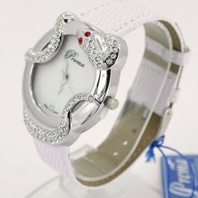 White Leather Quartz Crystal Women Lady Snake Stylish Wrist Watch Analog Display