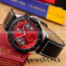 Winner Red Automatic Auto Mechanical Date Mens Black Leather Wrist Watch