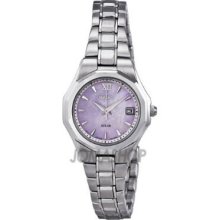 Women's Seiko Solar Quartz Sut057 Pink Mother Of Pearl Dial Ss Watch