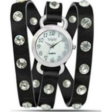 Wow Ladies Quartz White Dial Black Wrap Around CZ Stud Bracelet W ...