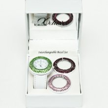 Xclusive Crystal Interchangable Bezel Set White Leather Band Quartz Watch