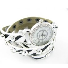 Zebra Leather Clear Crystal Studded Wrap Watch