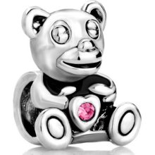 1 Silver Pink Rhinestone October Birthstone Teddy Bear Bead Charm Fit For European Bracelet