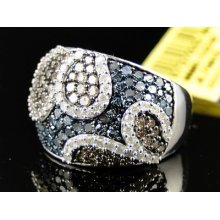 10k White Gold Ladies 15 Mm Brown Blue White Diamond Fashion Band Ring 1.6 Ct