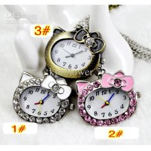 10pcs/lot New Cute Butterfly Cat Pocket Watch Necklace, Quartz Watch