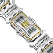 14K White Gold Mens Diamond Bracelet with Blue and Yellow Diamonds 12.52 Ctw