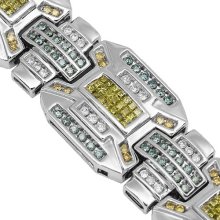 14K White Gold Mens Diamond Bracelet with Blue and Yellow Diamonds 8.65 Ctw