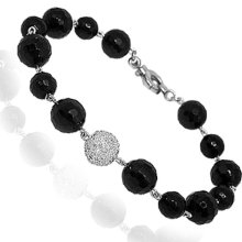 14K White Solid Gold Mens Diamond Black Onyx Ball Bead Bracelet 1.50 Ctw