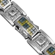 14K White Solid Gold Mens Diamond Bracelet with Blue and Yellow Diamonds 8.05 Ctw