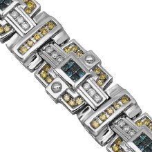 14K White Solid Gold Mens Diamond Bracelet with Yellow and Blue Diamonds 6.96 Ctw