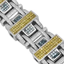 14K White Solid Gold Mens Diamond Bracelet with Blue and Yellow Diamonds 19.73 Ctw