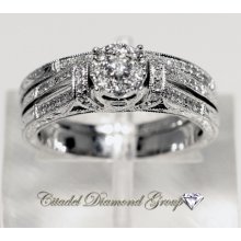 14kt. White Gold Diamond Hand Etched Engagement Ring & Wedding Band Set