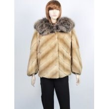 17317 Women's Tan Sheared Mink Fur Jacket W Fox Fur Trim And Hood Medium M