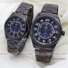 2 Pcs Lovers Fashion Cool Black Men Women Automatic Mechanical Watch U70/67