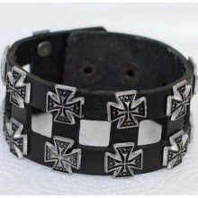 368 Handmade black leather bracelet set with two rows of cross badge, can bring lucky, suitable as a gift, to both a man & woman