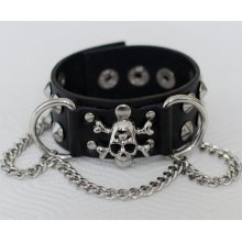 378 Handmade black leather bracelet, inlaid metal skull, metal chain & metal ring decorated with punk and pirate style bracelet as a gift