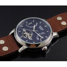 43mm Rivet Leather Strap Parnis Black Dial St2505 Automatic Flyweel Watch 293