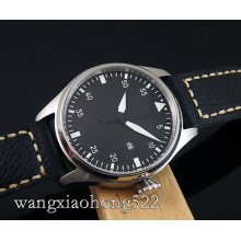 47mm Parnis Black Dail Power Automatic Mens Date Window Watch Black Leather 371