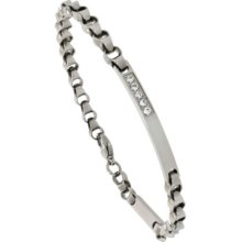 8.5 In. Stainless Steel Cable Chain Link Id Bar Bracelet W/ Cz Stones Bss171