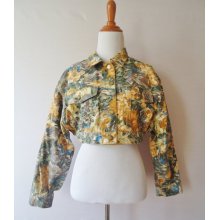 80's Subdued Floral Cropped Vintage Denim Jacket // Small // Medium