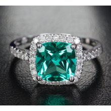 8mm Emerald Solid 14k White Gold Pave .31ctw Diamond Halo Engagement Ring Size 6