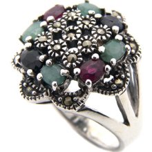 9+g Natural Emerald Ruby Sapphire Gems Marcasite 925 Sterling Silver Ring Size 7