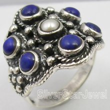 925 Silver Lapis & Aaa Pearl Tribal India Ring Any Size