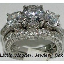 .925 Sterling Silver 3.5ct. Cz 3 Stone Round Cut Engagement Ring Bridal Set