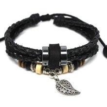 A457 Ethnic Black Leather Adjustable Bracelet Handmade Jewelry Cuff Women/men`s