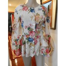 Adrienne Vittadini Victorian Cabbage Rose Linen Peplum Jacket Size 10