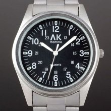 Ak Hommemens Black Silver Stainless Steel Band Quartz Wrist Watch