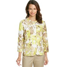 Alfred Dunner Collarless Front Button Up Textured Floral Print Jacket