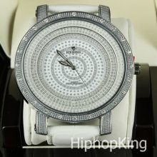 All White Analog Round Face Quartz Movement Fully Iced Out Hip Hop Watch