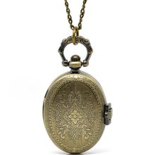 Antique Bronze Oval Shaped Quartz Pocket Watch (49x29mm) Ornate Case with 84cm Chain