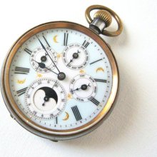 Antique Swiss Acier Garanti Moon Phase Triple Calendar Pocket Watch