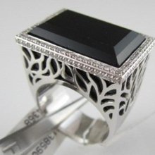 Antique Wide 18kt White Filigree Rectangular 36.40ct Black Onyx Diamond Ring