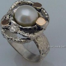 Artisan Silver Gold Combination Ring With Pearl Size 8