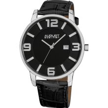 August Steiner Men's Slim Swiss Quartz Date Genuine Leather Strap Watch (Black)