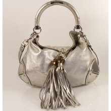 Auth. Gucci Silver Leather Bamboo Tassel Indy