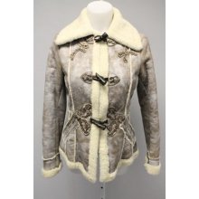 Auth Prada Beige Leather Shearling Lined Embellished Toggle Closure Jacket Sz 40