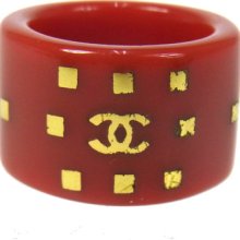 Authentic Chanel Vintage Cc Logos Ring Red Plastic Accessories W08640b