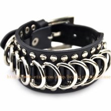 Bangle leather bracelet men bracelet punk rock bracelet fashion bracelet made of black leather and metal ring wrist bracelet sh-0058