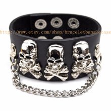 Bangle skull bracelet leather bracelet men bracelet punk rock bracelet made of black leather and metal skull chain wrist bracelet sh-0057